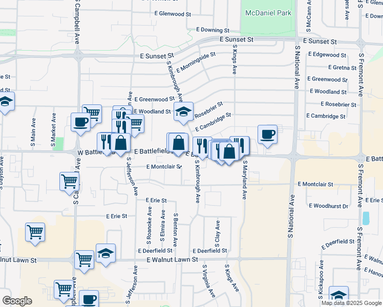 map of restaurants, bars, coffee shops, grocery stores, and more near 777 East Battlefield Road in Springfield
