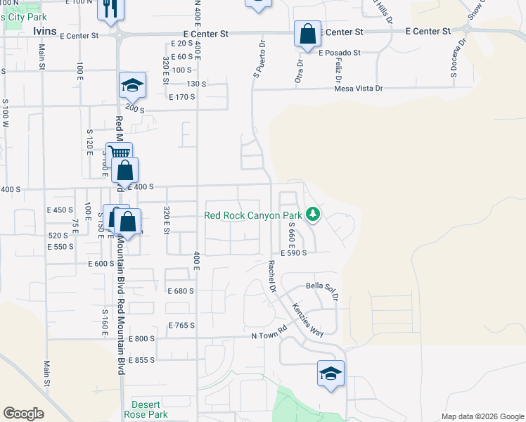 map of restaurants, bars, coffee shops, grocery stores, and more near 473 South Chula Vista Drive in Ivins