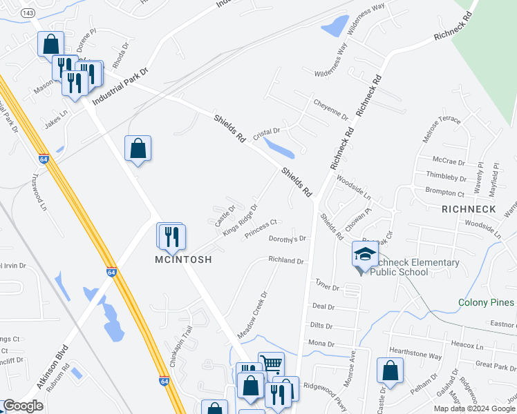 map of restaurants, bars, coffee shops, grocery stores, and more near 740 Kings Ridge Drive in Newport News