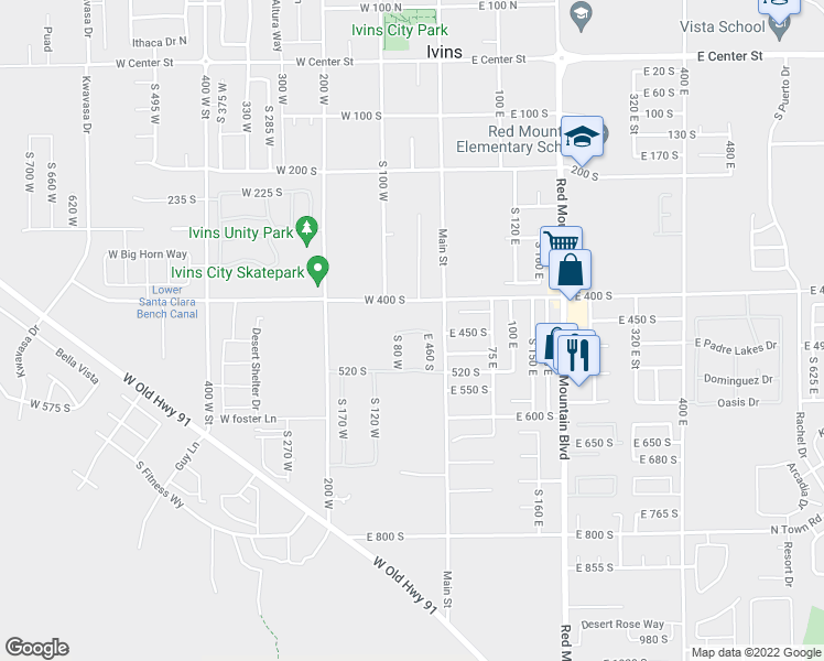 map of restaurants, bars, coffee shops, grocery stores, and more near West 460 South in Ivins