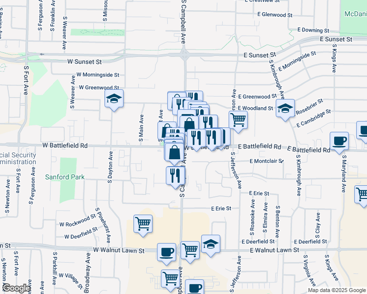 map of restaurants, bars, coffee shops, grocery stores, and more near S Campbell Ave & W Battlefield Rd in Springfield