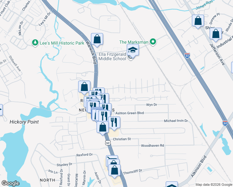 map of restaurants, bars, coffee shops, grocery stores, and more near 461 Revolution Lane in Newport News