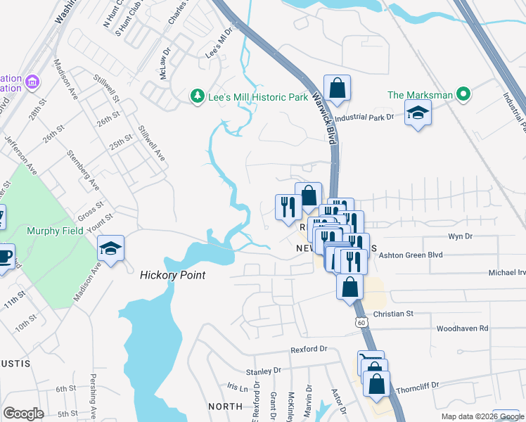 map of restaurants, bars, coffee shops, grocery stores, and more near 121 Osprey Way in Newport News