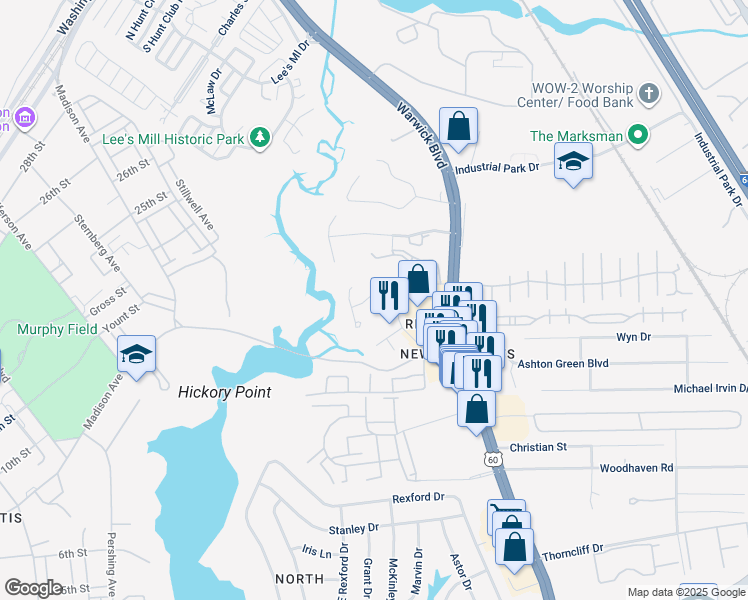 map of restaurants, bars, coffee shops, grocery stores, and more near 322 Warwick Landing Parkway in Newport News