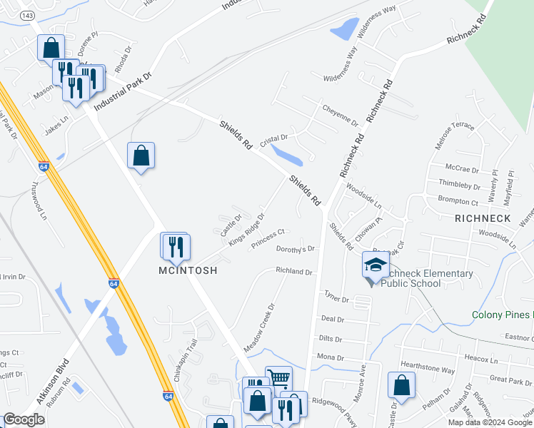 map of restaurants, bars, coffee shops, grocery stores, and more near 742 Kings Ridge Drive in Newport News