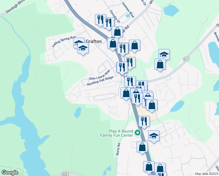 map of restaurants, bars, coffee shops, grocery stores, and more near 234 Timberline Loop in Yorktown