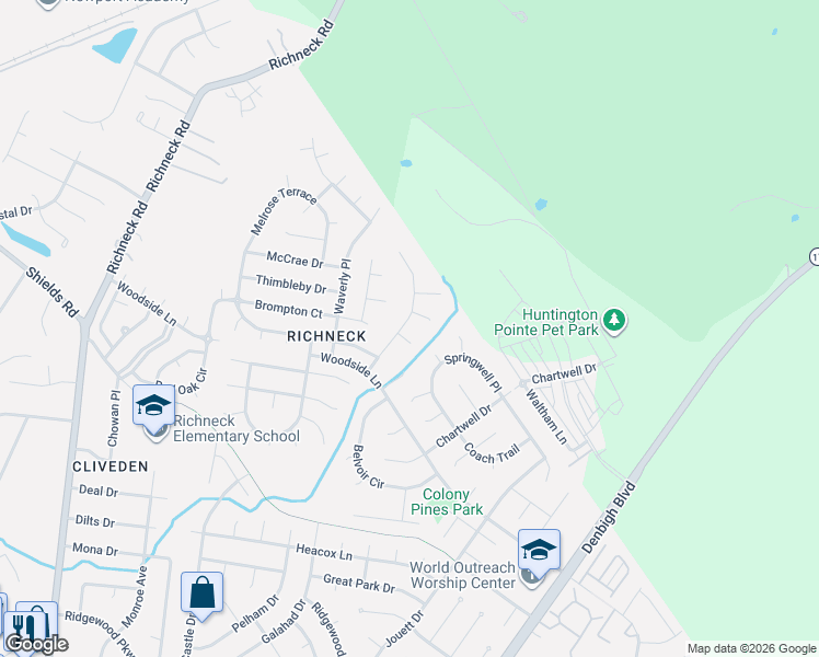 map of restaurants, bars, coffee shops, grocery stores, and more near 901 Gunston Court in Newport News