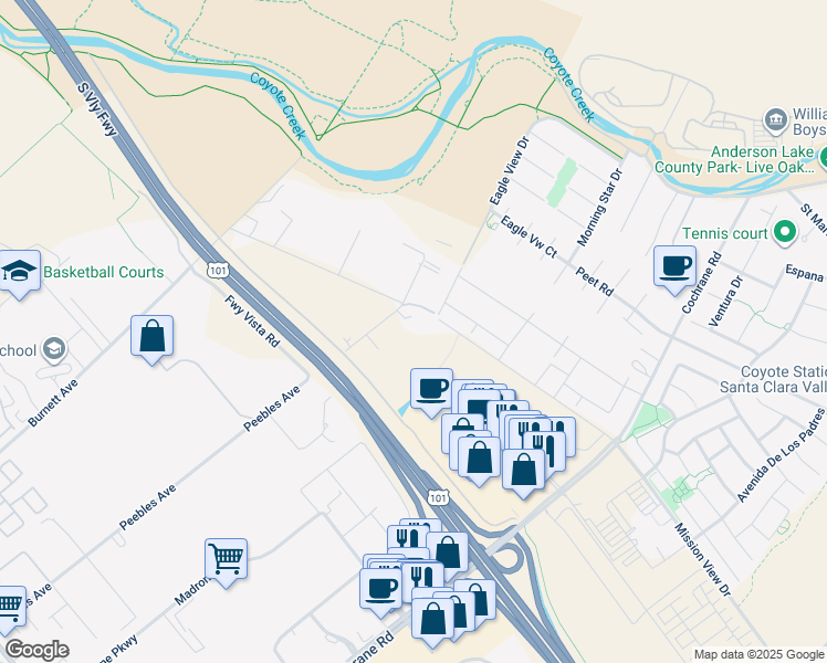 map of restaurants, bars, coffee shops, grocery stores, and more near 1090 Peebles Avenue in Morgan Hill