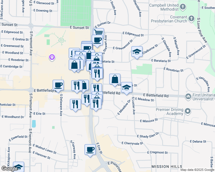 map of restaurants, bars, coffee shops, grocery stores, and more near 1902 East Cambridge Street in Springfield