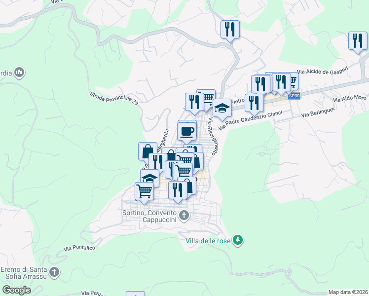 map of restaurants, bars, coffee shops, grocery stores, and more near 28F Via Pietro Gaetani in Sortino