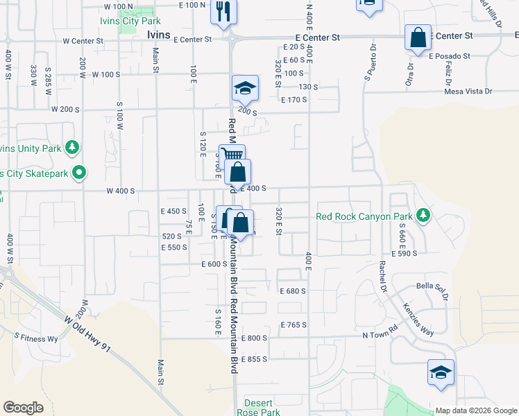 map of restaurants, bars, coffee shops, grocery stores, and more near 270 East 450 South in Ivins