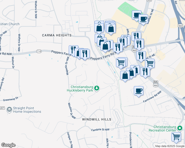 map of restaurants, bars, coffee shops, grocery stores, and more near 634 New River Road Northwest in Christiansburg