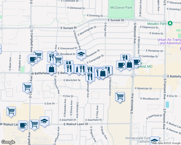 map of restaurants, bars, coffee shops, grocery stores, and more near 777 East Battlefield Road in Springfield