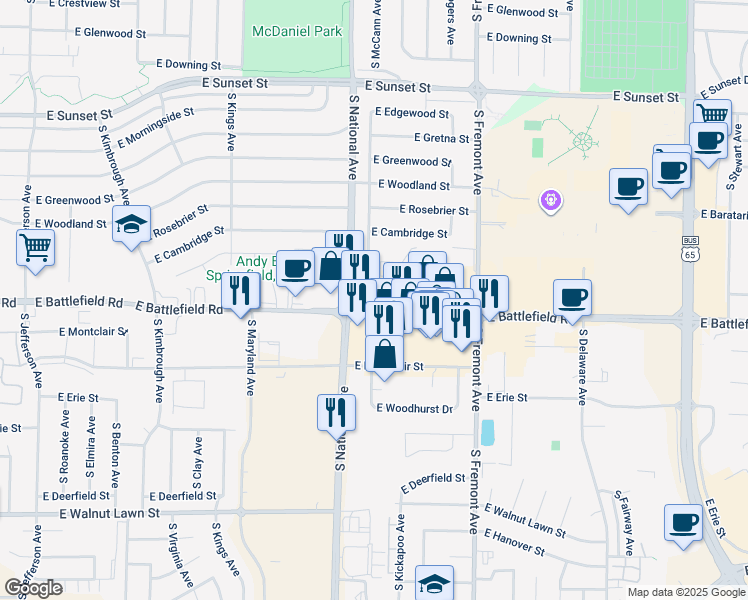 map of restaurants, bars, coffee shops, grocery stores, and more near 1272 East Battlefield Road in Springfield