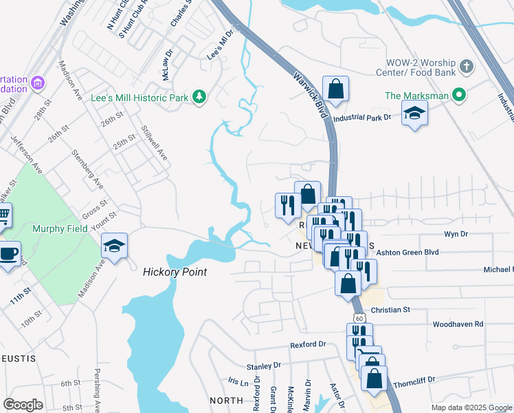 map of restaurants, bars, coffee shops, grocery stores, and more near 113 Osprey Way in Newport News