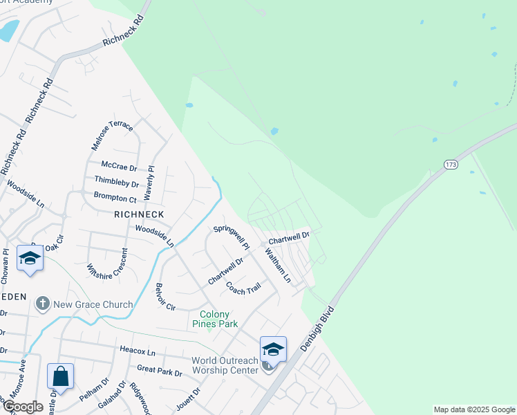 map of restaurants, bars, coffee shops, grocery stores, and more near 1534 Auckland Court in Newport News