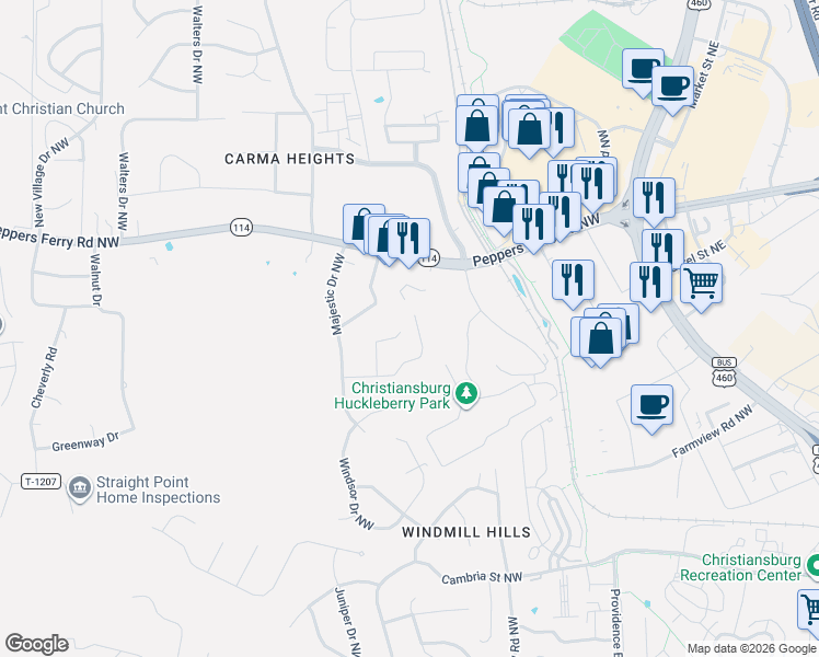map of restaurants, bars, coffee shops, grocery stores, and more near 75 John's Ct in Christiansburg