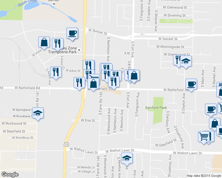 map of restaurants, bars, coffee shops, grocery stores, and more near West Battlefield Road in Springfield