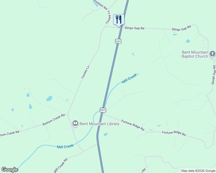 map of restaurants, bars, coffee shops, grocery stores, and more near 9840 Highway 221 North in Bent Mountain