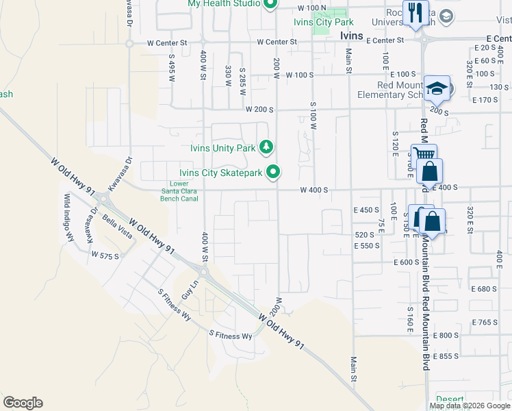 map of restaurants, bars, coffee shops, grocery stores, and more near 257 Peaceful Lane in Ivins