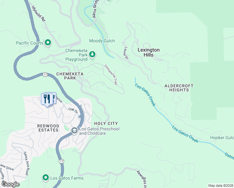 map of restaurants, bars, coffee shops, grocery stores, and more near 17550 Comanche Trail in Los Gatos