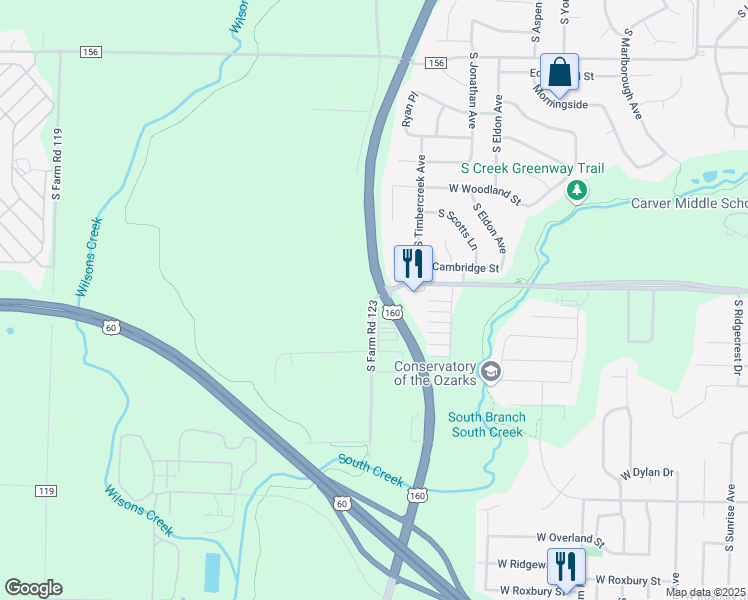 map of restaurants, bars, coffee shops, grocery stores, and more near 3031 Farm Road 123 in Springfield