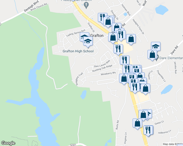 map of restaurants, bars, coffee shops, grocery stores, and more near 175 Rustling Oak Ridge in Yorktown