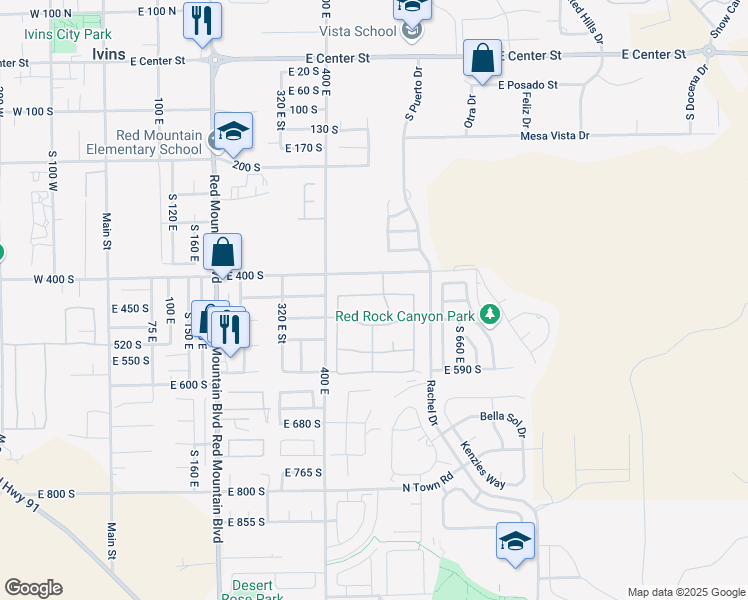 map of restaurants, bars, coffee shops, grocery stores, and more near 504 East Majestic Drive in Ivins