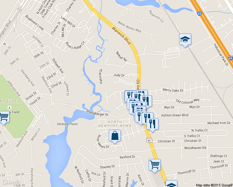 map of restaurants, bars, coffee shops, grocery stores, and more near 312 Warwick Landing Parkway in Newport News