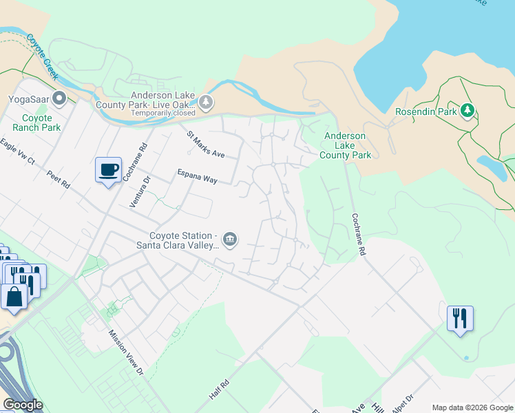 map of restaurants, bars, coffee shops, grocery stores, and more near 2115 Via Orista in Morgan Hill