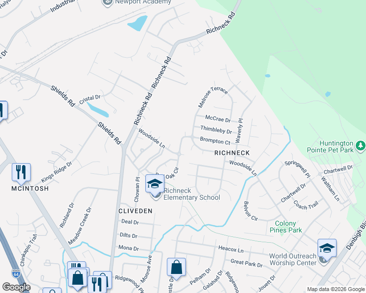 map of restaurants, bars, coffee shops, grocery stores, and more near 843 Weyanoke Lane in Newport News