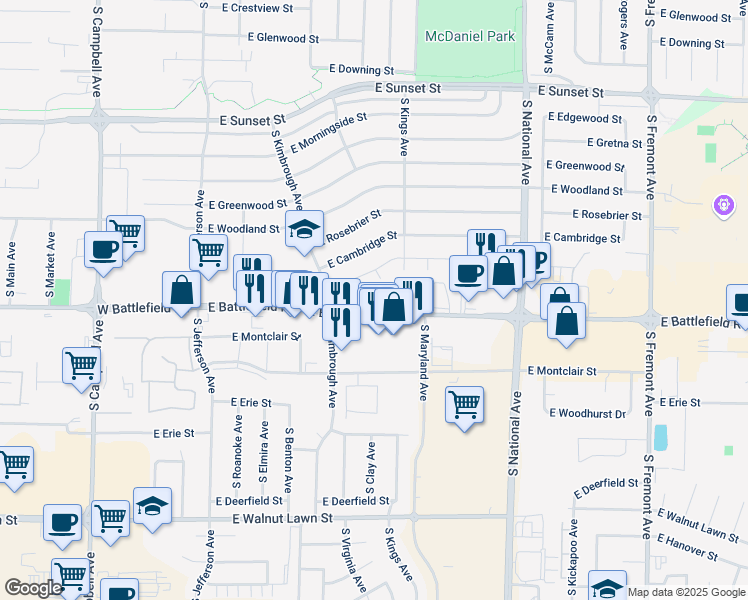 map of restaurants, bars, coffee shops, grocery stores, and more near 881 East Battlefield Road in Springfield