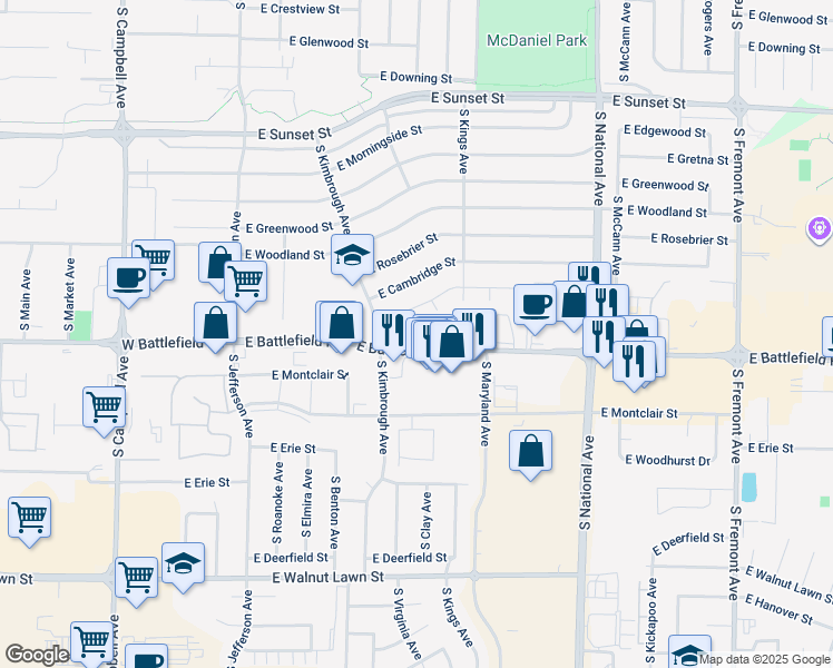 map of restaurants, bars, coffee shops, grocery stores, and more near 881 East Battlefield Road in Springfield