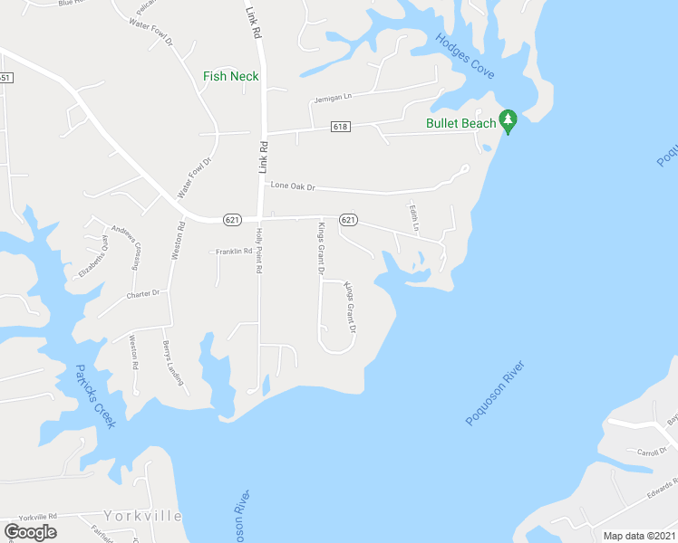 map of restaurants, bars, coffee shops, grocery stores, and more near 250 Kings Grant Drive in Yorktown