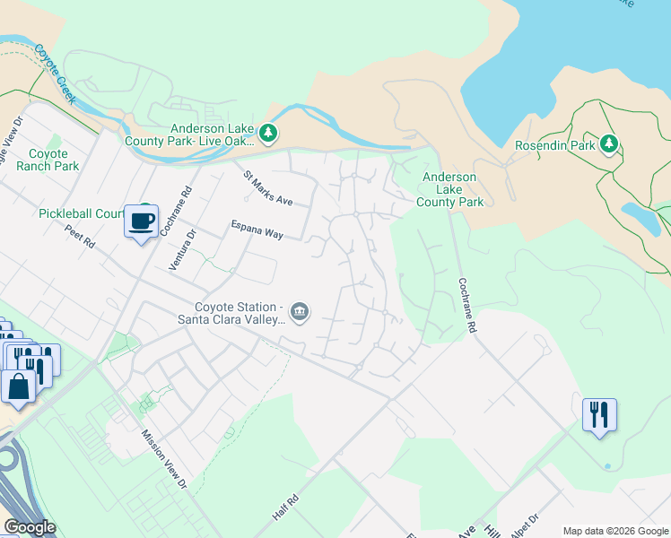 map of restaurants, bars, coffee shops, grocery stores, and more near 2115 Via Orista in Morgan Hill