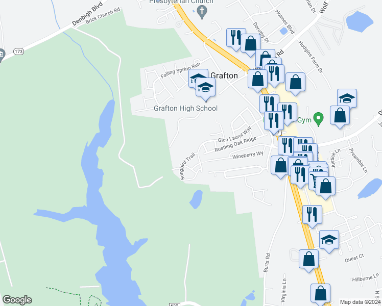 map of restaurants, bars, coffee shops, grocery stores, and more near 104 Songbird Trail in Yorktown