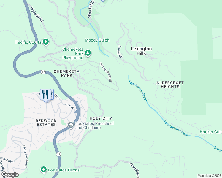 map of restaurants, bars, coffee shops, grocery stores, and more near 17550 Comanche Trail in Los Gatos