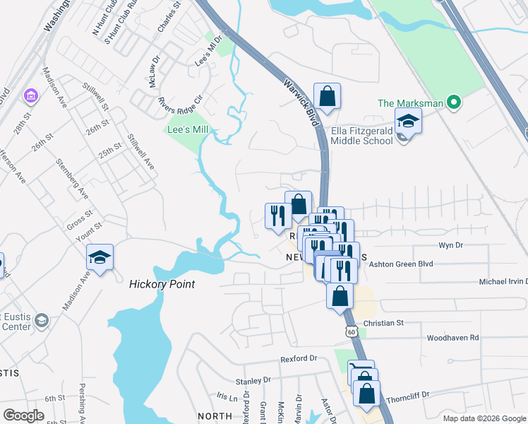 map of restaurants, bars, coffee shops, grocery stores, and more near 306 Boulder Drive in Newport News