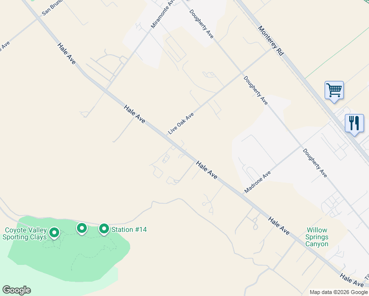 map of restaurants, bars, coffee shops, grocery stores, and more near 10760 Hale Avenue in Morgan Hill