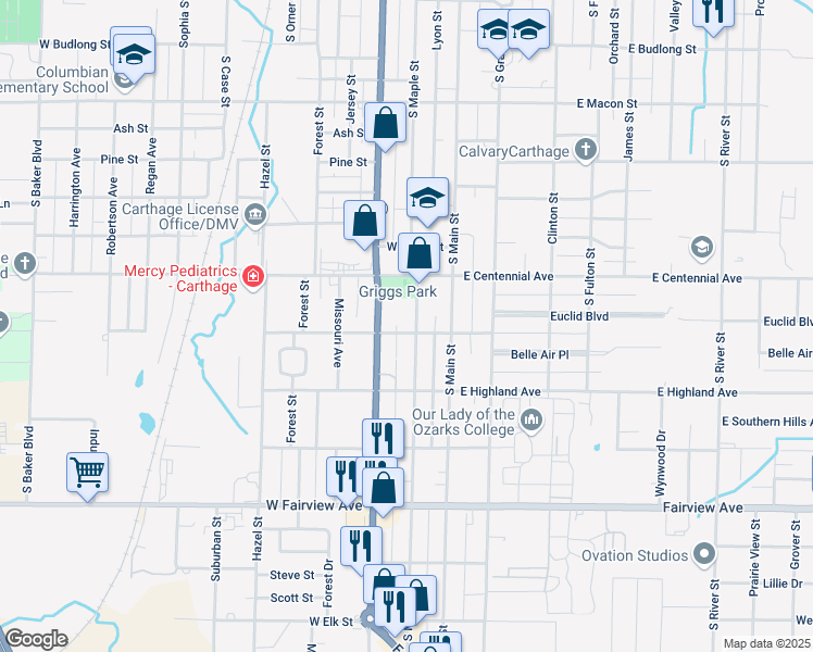 map of restaurants, bars, coffee shops, grocery stores, and more near 1624 South Garrison Avenue in Carthage