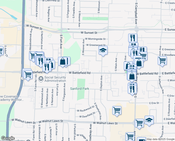 map of restaurants, bars, coffee shops, grocery stores, and more near 923 West Battlefield Road in Springfield