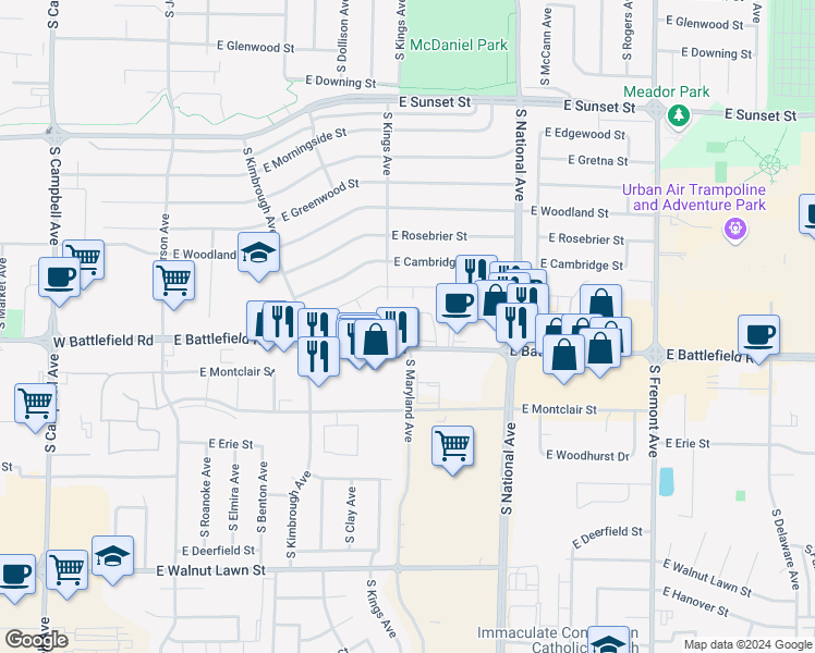 map of restaurants, bars, coffee shops, grocery stores, and more near 2928 South Kings Court in Springfield