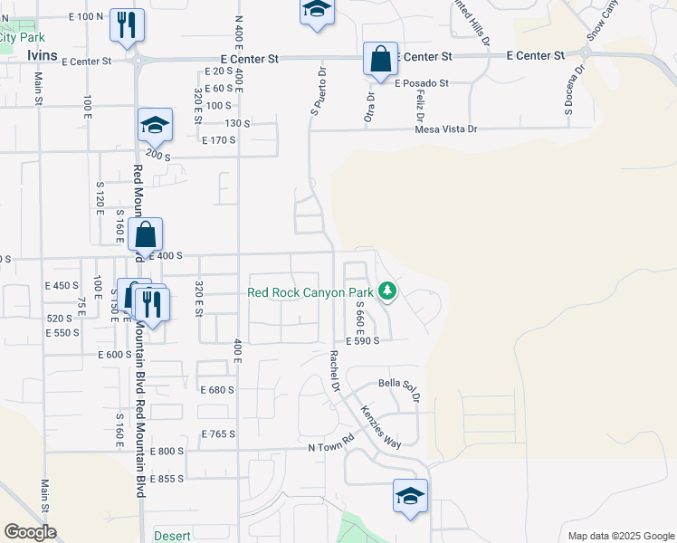 map of restaurants, bars, coffee shops, grocery stores, and more near 623 East 425 South in Ivins