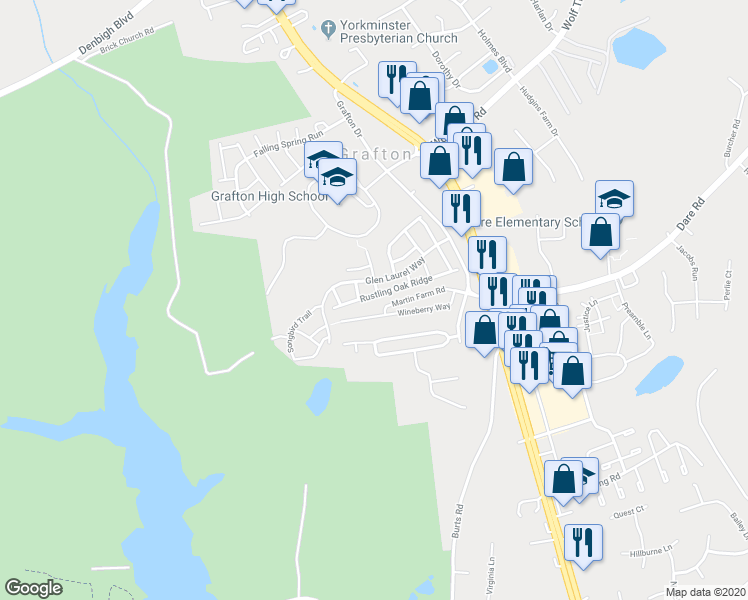 map of restaurants, bars, coffee shops, grocery stores, and more near 159 Rustling Oak Ridge in Yorktown