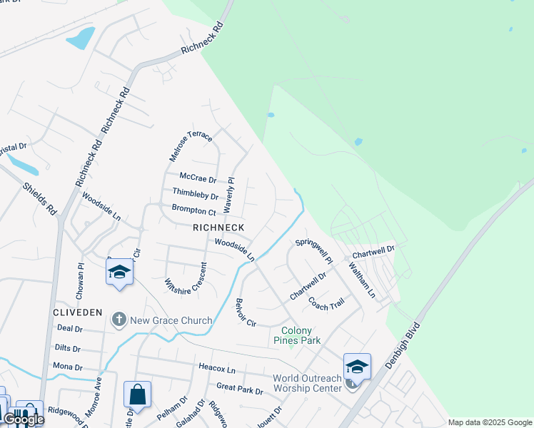 map of restaurants, bars, coffee shops, grocery stores, and more near 443 Warner Hall Place in Newport News