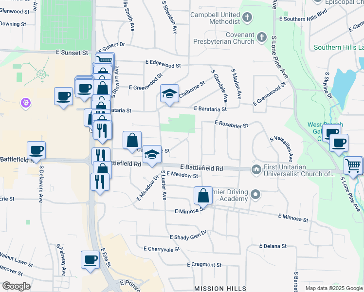 map of restaurants, bars, coffee shops, grocery stores, and more near 2151 East Rosebrier Place in Springfield