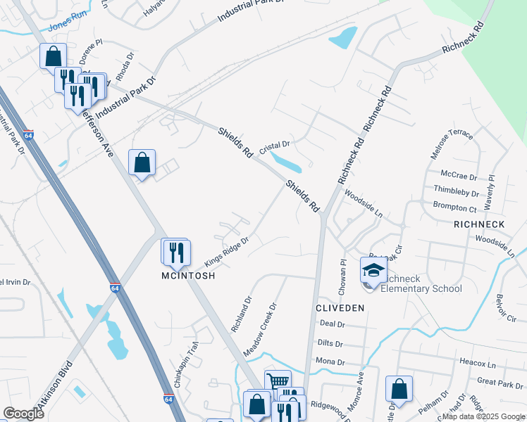map of restaurants, bars, coffee shops, grocery stores, and more near 745 Kings Ridge Drive in Newport News