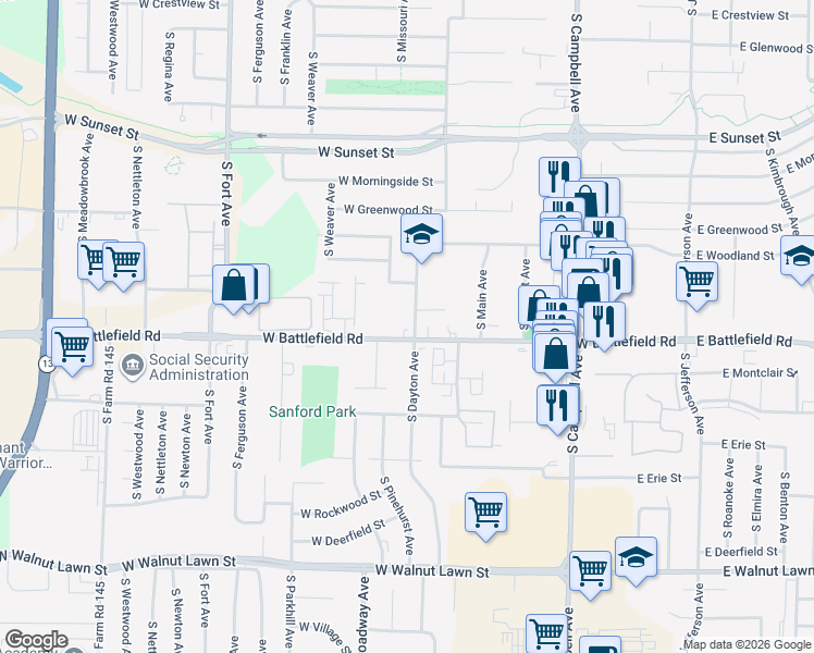 map of restaurants, bars, coffee shops, grocery stores, and more near 2949 South Dayton Avenue in Springfield