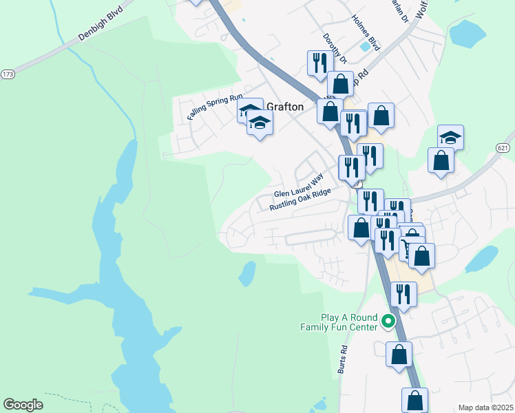map of restaurants, bars, coffee shops, grocery stores, and more near 106 Sawgrass Turn in Yorktown