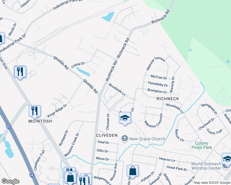 map of restaurants, bars, coffee shops, grocery stores, and more near 421 Cottonwood Street in Newport News